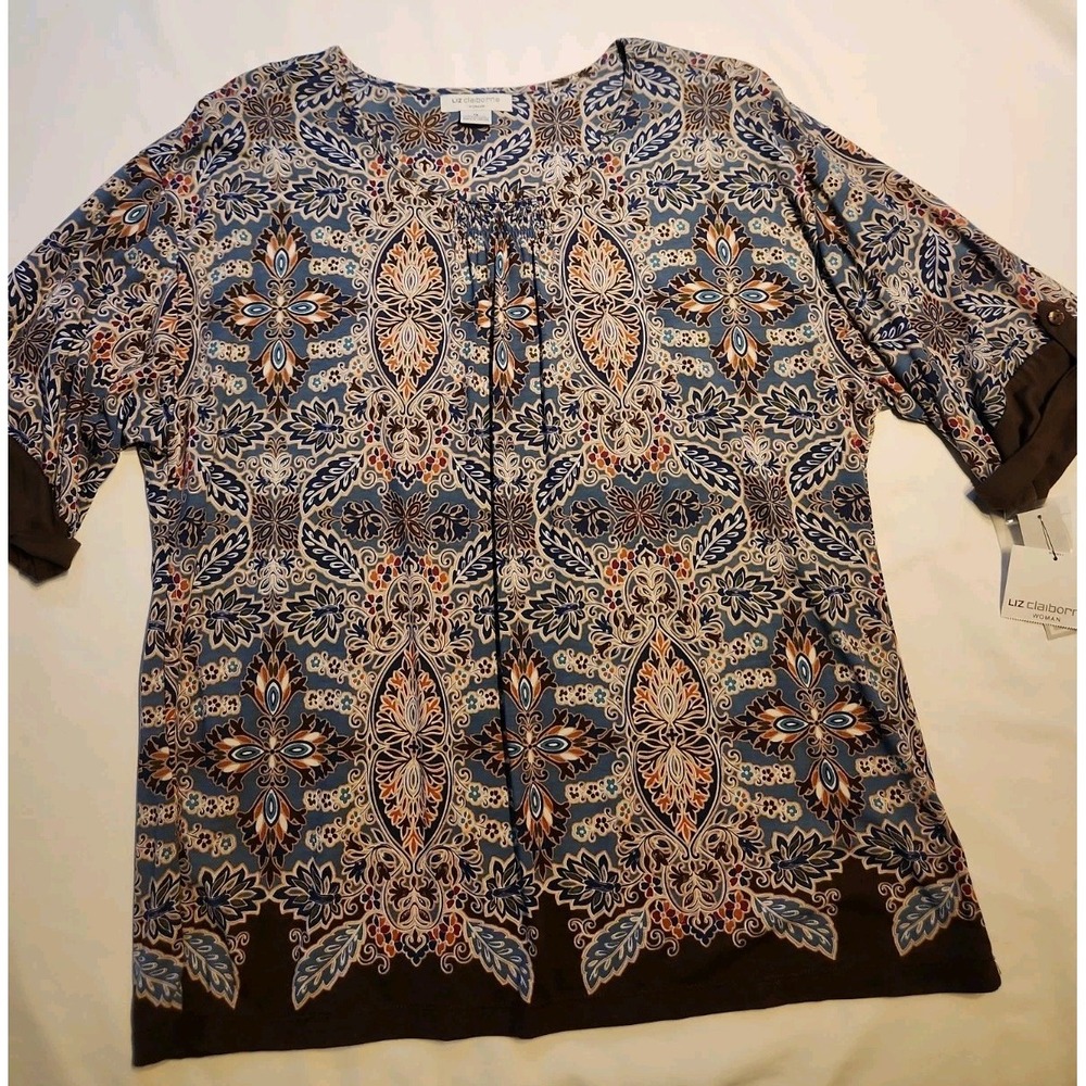 Liz Claiborne Blouse 1X Womens Top Blues And Browns Roll Tab 3/4 Sleeve New